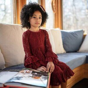 Mustard Pie Girls Dress Sz 7 Burgundy Red Floral Lace Bell Sleeve Holiday Boho